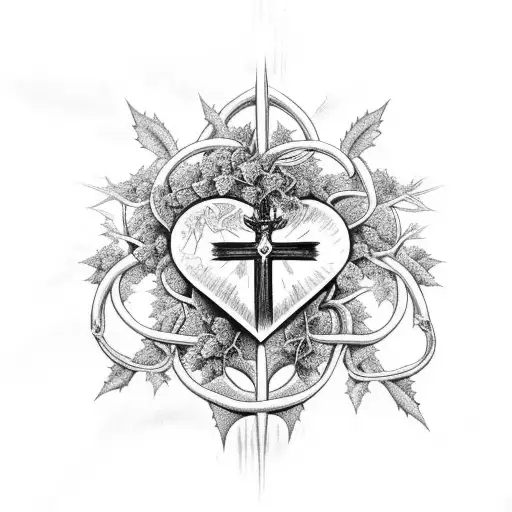 A detailed black and grey tattoo featuring a sacred heart intertwined with vines and medicinal herbs tattoo design idea