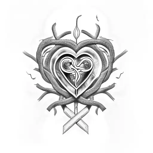 A detailed black and grey tattoo featuring a sacred heart intertwined with vines and medicinal herbs tattoo design idea