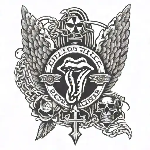 Rolling Stones logo with wings, cross chain and a hollow above the logo and place a banner at the middle  tattoo design idea