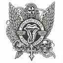 Rolling Stones logo with wings, cross chain and a hollow above the logo and place a banner at the middle  tattoo design idea