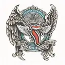 Rolling Stones logo with wings, cross chain and a hollow above the logo and place a banner at the middle  tattoo design idea