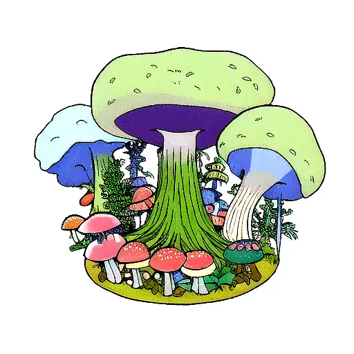 glowing jungle forest with trees and mushrooms, colored tattoo design idea