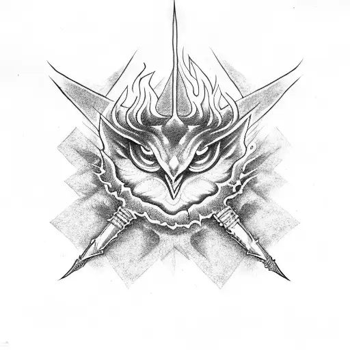 A sinister eye surrounded by flames and daggers tattoo design idea