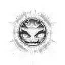 A sinister eye surrounded by flames and daggers tattoo design idea