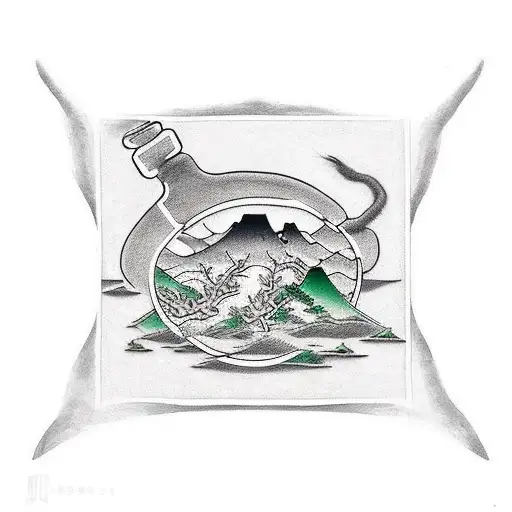 A minimalist tattoo of a chemical flask combined with a serene nature scene tattoo design idea