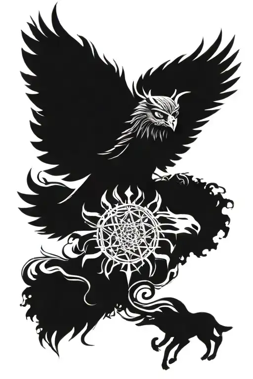 Trishul and in the center the should be om and Karam below that wolf  owl tattoo design idea