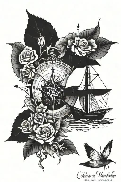 compass, flowers, forest, cross, ship sailing, and music notes tattoo design idea