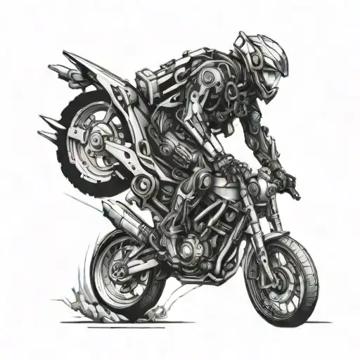 A biomechanical tattoo of a cyborg biker riding through a futuristic cityscape tattoo design idea