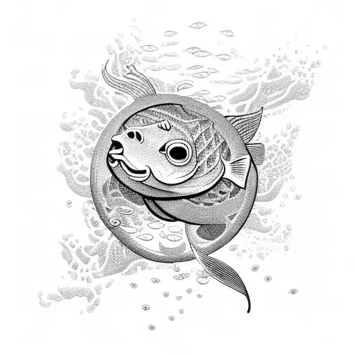 An intricate underwater scene with a school of fish swimming around a cat-shaped island tattoo design idea