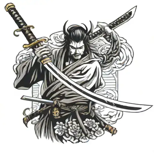 katana in saya, on the spine the right shoulder blade is a samurai, the left shoulder blade is a demon tattoo design idea