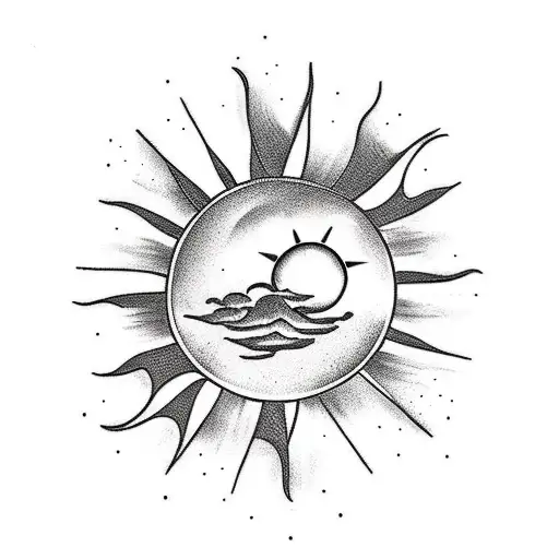 clouds with sun and castle tattoo design idea