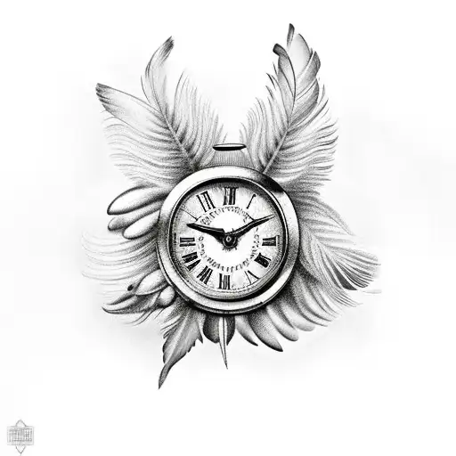 Realism "Broken Clock With Feathers And Roses" Tattoo Idea BlackInk AI