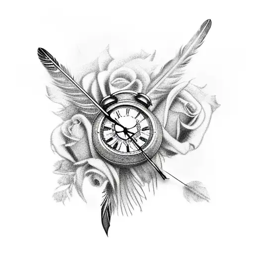 Realism "Broken Clock With Feathers And Roses" Tattoo Idea BlackInk AI