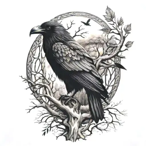 Odin's Ravens, Wolves, and Tree of life on a full arm sleeve tattoo design idea