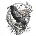 Odin's Ravens, Wolves, and Tree of life on a full arm sleeve tattoo design idea