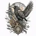 Odin's Ravens, Wolves, and Tree of life on a full arm sleeve tattoo design idea