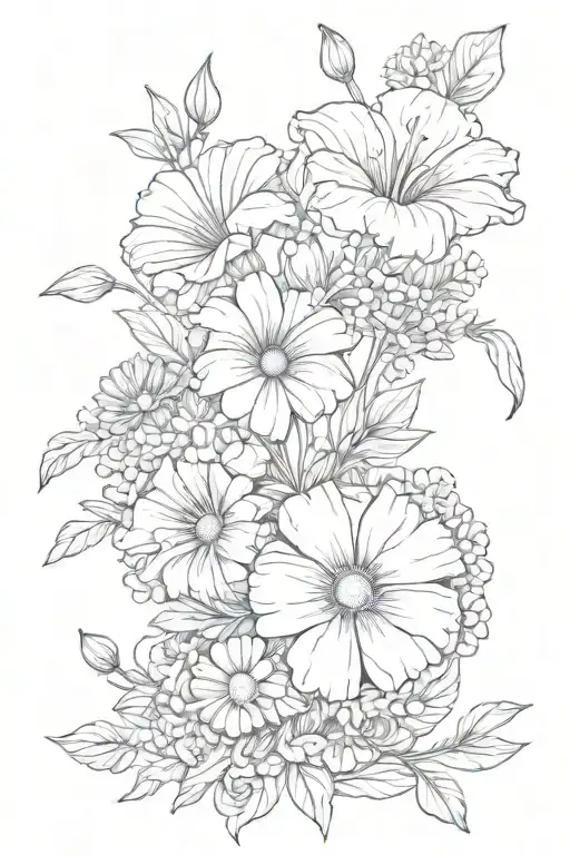 flower bouquet with aster, morning glory, daisy, and sweet pea tattoo design idea