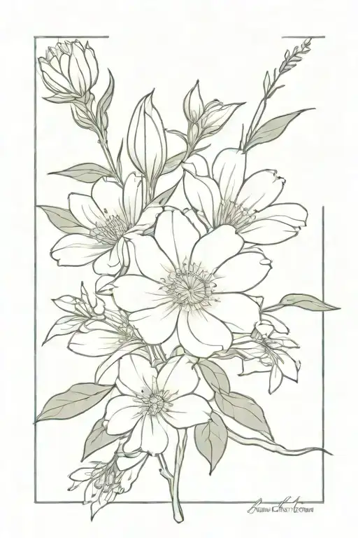 flower bouquet of an aster, morning glory, daisy, and sweet pea fine line tattoo design idea
