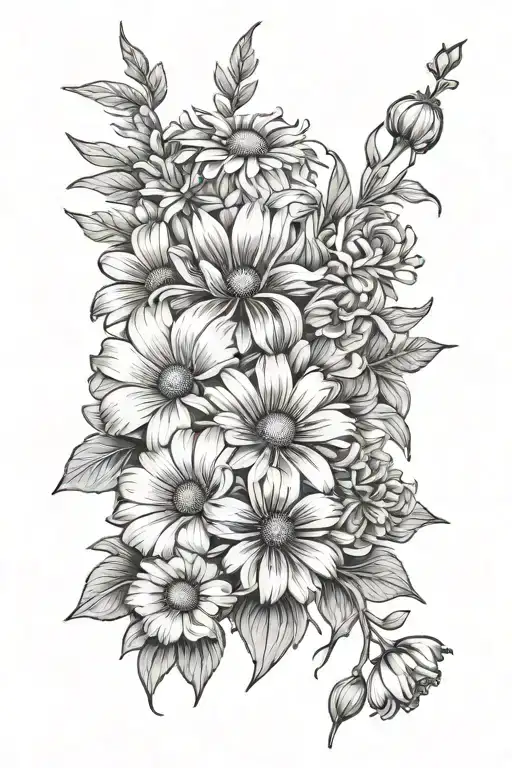 flower bouquet of an aster, morning glory, daisy, and sweet pea fine line tattoo design idea