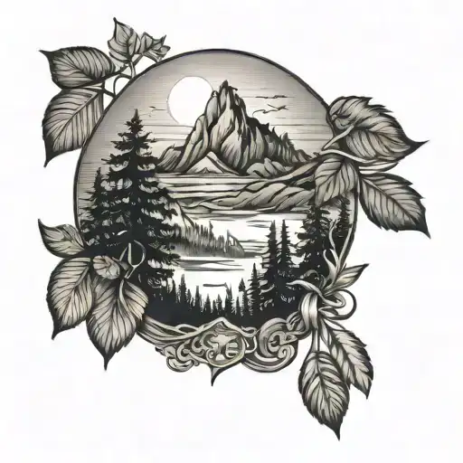 Meer, Sonne, Berge, Wald schwarze Tinte tattoo design idea