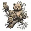 a family of 3 bears at the base of a tree with an owl on a branch  tattoo design idea
