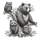 a family of 3 bears at the base of a tree with an owl on a branch  tattoo design idea