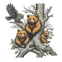 a family of 3 bears at the base of a tree with an owl on a branch  tattoo design idea