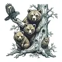 a family of 3 bears at the base of a tree with an owl on a branch  tattoo design idea
