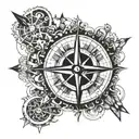 An intricate compass design incorporating elements of quality control symbols and measurements tattoo design idea