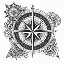 An intricate compass design incorporating elements of quality control symbols and measurements tattoo design idea