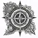 An intricate compass design incorporating elements of quality control symbols and measurements tattoo design idea