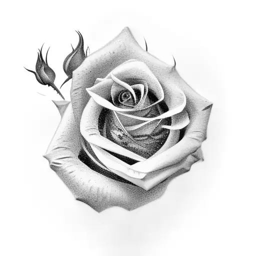 A realistic black and grey tattoo of a rose intertwined with a cat silhouette tattoo design idea