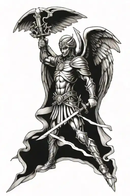 archangel michael with sword and snake wrapped tattoo design idea