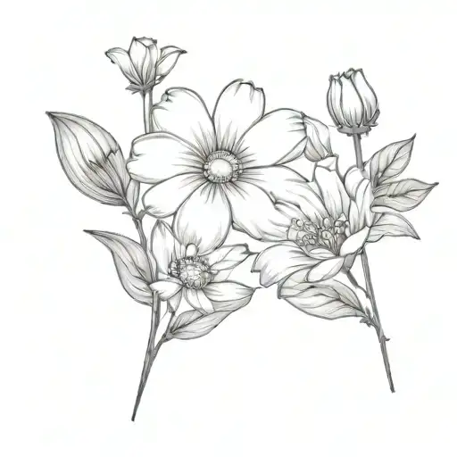 A black-grey tattoo design showcasing the February birth flower (Violet) and the April birth flower (Daisy) in a realistic and detailed manner tattoo design idea