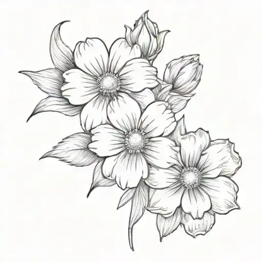 A black-grey tattoo design showcasing the February birth flower (Violet) and the April birth flower (Daisy) in a realistic and detailed manner tattoo design idea