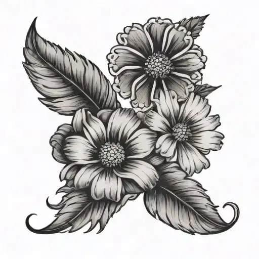 A black-grey tattoo design showcasing the February birth flower (Violet) and the April birth flower (Daisy) in a realistic and detailed manner tattoo design idea