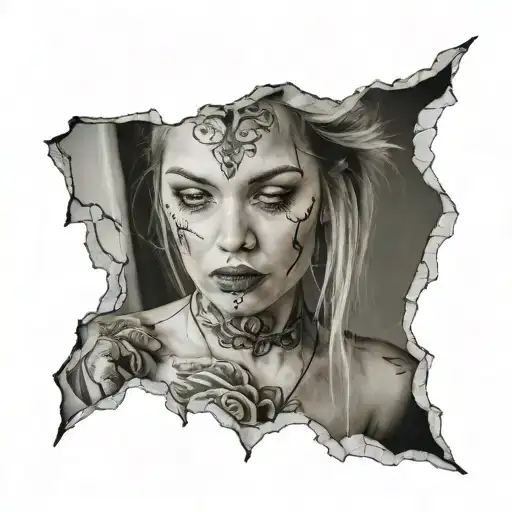 torn skin 14 with a lady looking through tattoo design idea