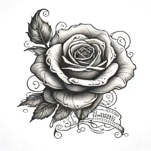 A black and grey realistic rose intertwined with a meaningful quote about family tattoo design idea