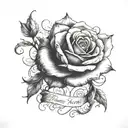 A black and grey realistic rose intertwined with a meaningful quote about family tattoo design idea