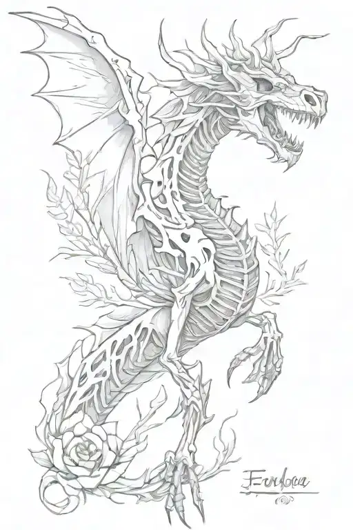 fierce dragon skeleton with live nature elements tattoo design idea