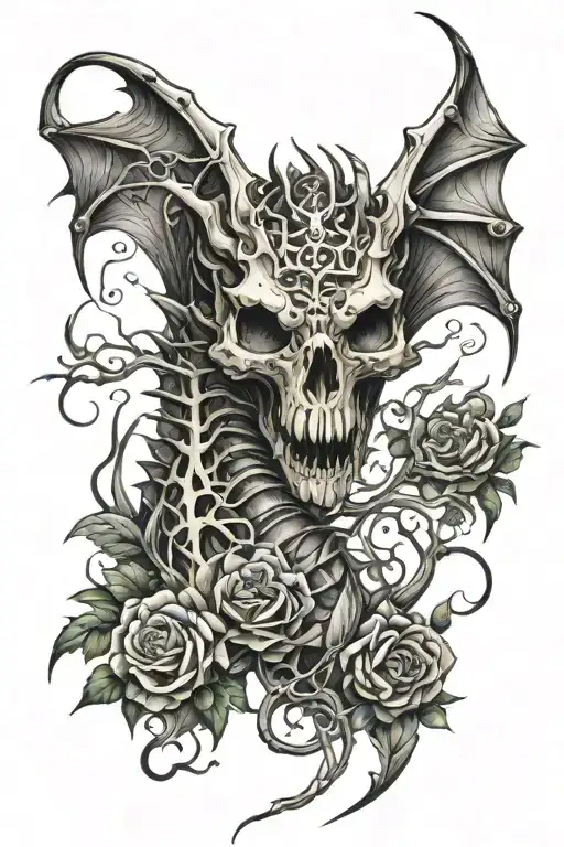 fierce dragon skeleton with live nature elements intertwined tattoo design idea