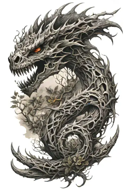 fierce dragon skeleton with live nature elements intertwined tattoo design idea
