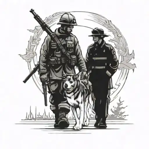 A black-grey tattoo of a soldier and a firefighter standing side by side, with a loyal dog at their feet to represent their dedication and loyalty tattoo design idea