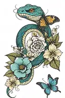 forarm tattoo with snake wrapped around arm and flowers and butterflies tattoo design idea