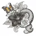forarm tattoo with snake wrapped around arm and flowers and butterflies tattoo design idea