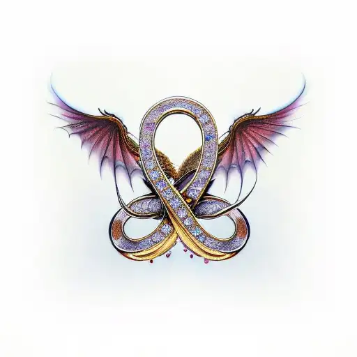 beautiful and unique tattoo design of a gold infinity symbol with a crystal rose and twin gold dragons with sapphire blu tattoo design idea