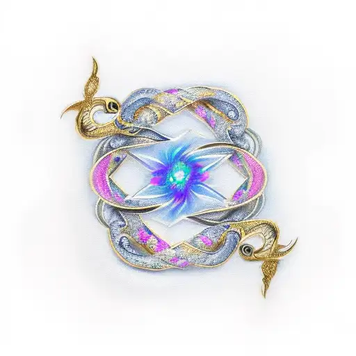 beautiful and unique tattoo design of a gold infinity symbol with a crystal rose and twin gold dragons with sapphire blu tattoo design idea