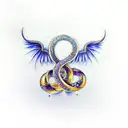 beautiful and unique tattoo design of a gold infinity symbol with a crystal rose and twin gold dragons with sapphire blu tattoo design idea