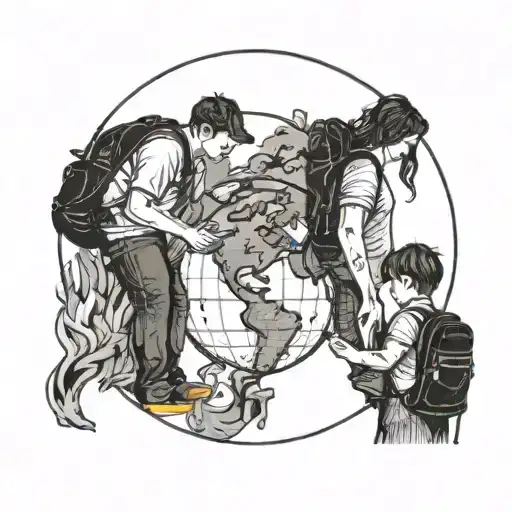 a mum, dad and child looking at the earth with backpacks on tattoo design idea