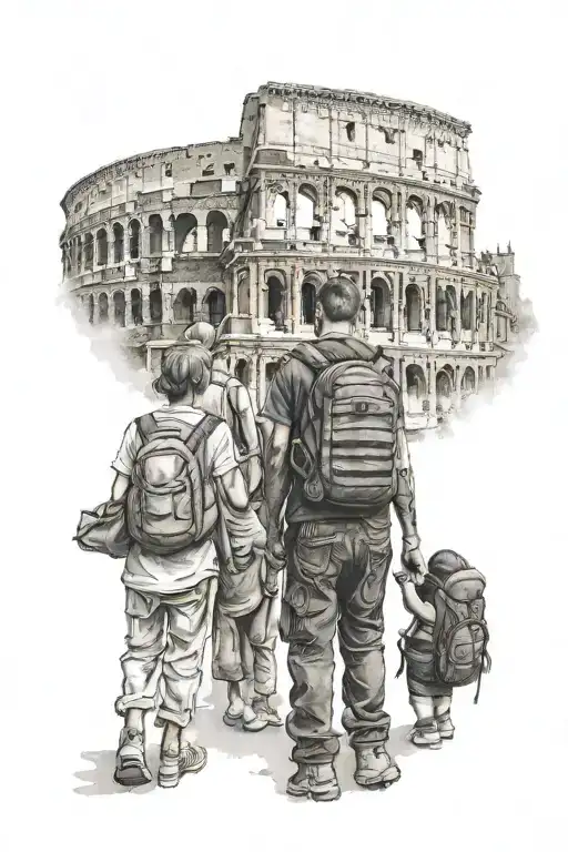 a mum, dad and child looking at the colloseum with backpacks on tattoo design idea